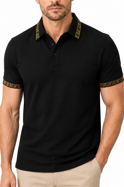 Ventorino Men's Polo Shirt Contrast Trim Utility Pocket | Ventorino in Black with yellow — garment and fabric detail