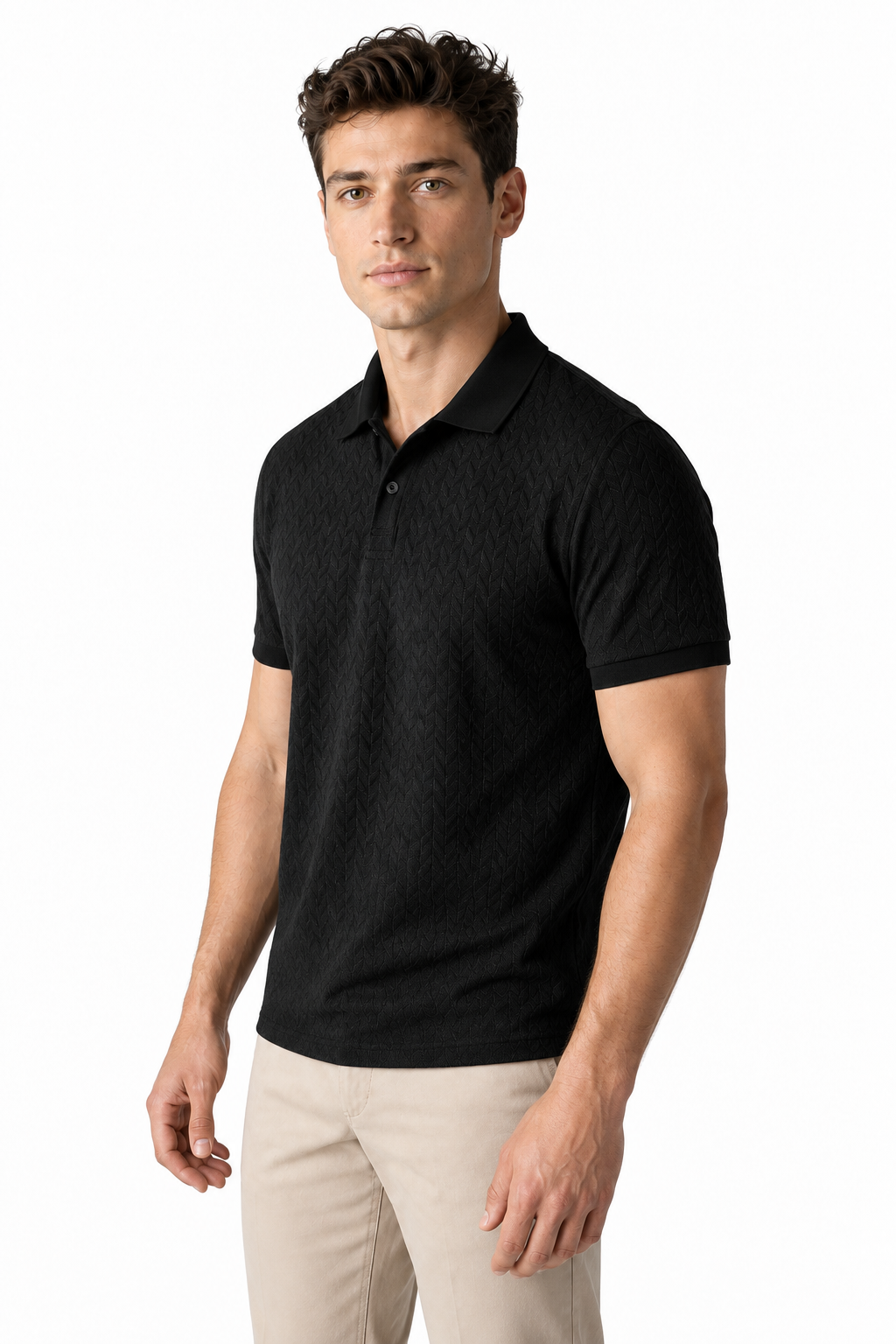 Ventorino Men's Polo Shirt Textured Fabric Button Collar | Ventorino in Black — model three-quarter view