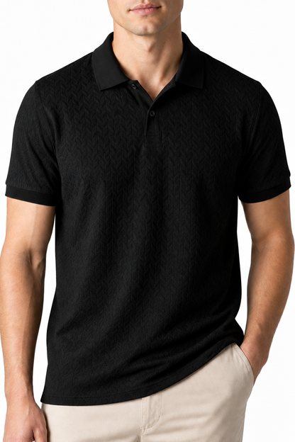 Ventorino Men's Polo Shirt Textured Fabric Button Collar | Ventorino in Black — garment and fabric detail