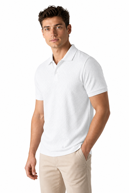 Ventorino Men's Polo Shirt Textured Fabric Button Collar | Ventorino in White — model three-quarter view
