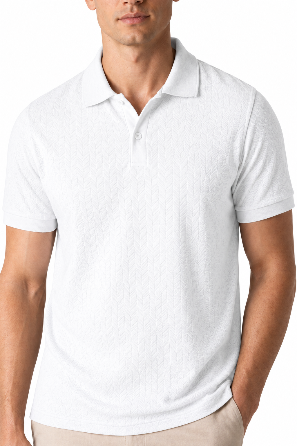 Ventorino Men's Polo Shirt Textured Fabric Button Collar | Ventorino in White — garment and fabric detail