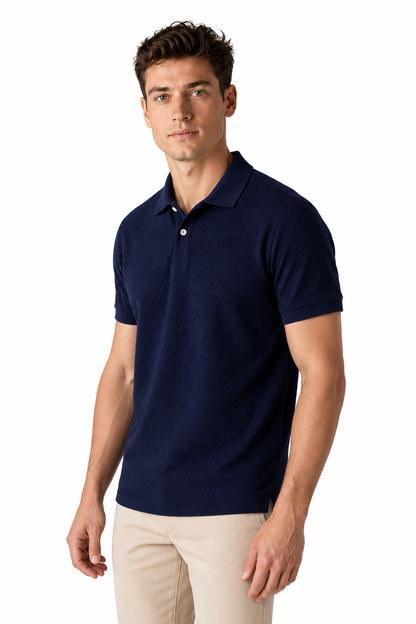 Ventorino Men's Polo Shirt Textured Fabric Button Collar | Ventorino in Dark Blue — model three-quarter view