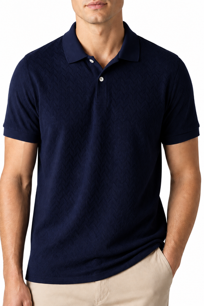 Ventorino Men's Polo Shirt Textured Fabric Button Collar | Ventorino in Dark Blue — garment and fabric detail
