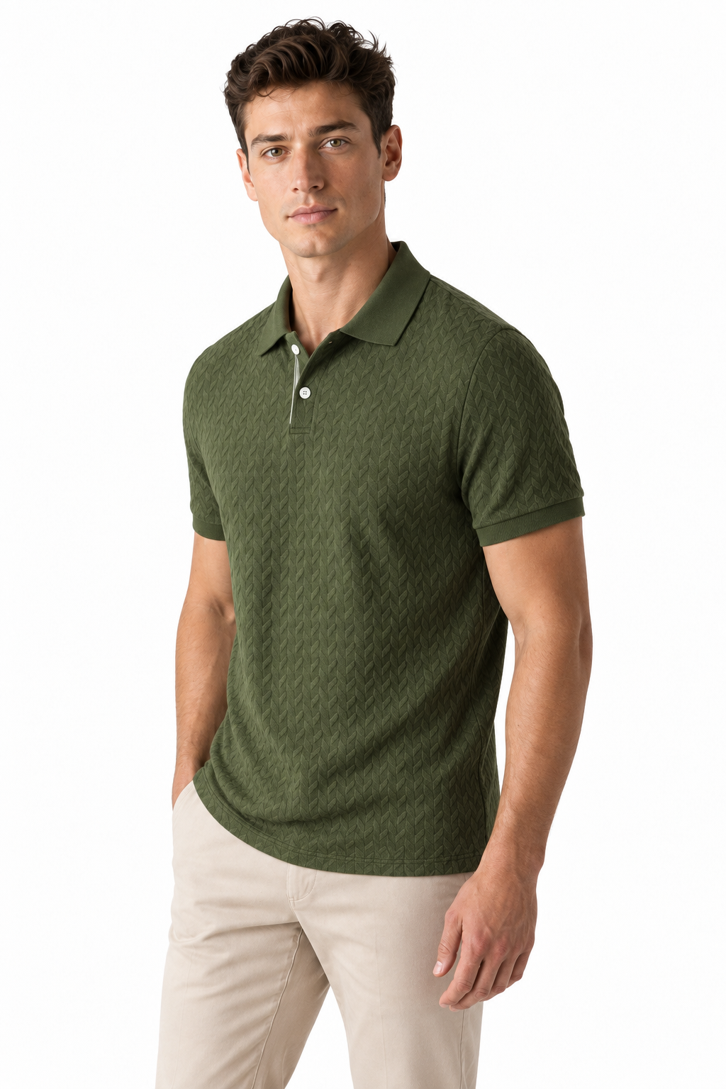 Ventorino Men's Polo Shirt Textured Fabric Button Collar | Ventorino in Army Green — model three-quarter view
