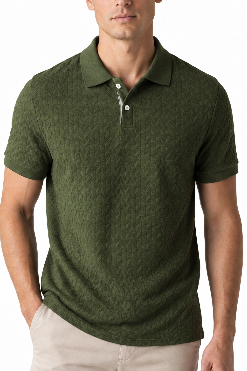 Ventorino Men's Polo Shirt Textured Fabric Button Collar | Ventorino in Army Green — garment and fabric detail