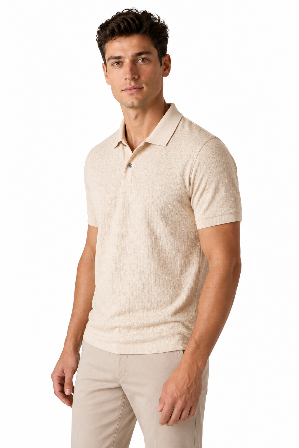 Ventorino Men's Polo Shirt Textured Fabric Button Collar | Ventorino in Khaki — model three-quarter view