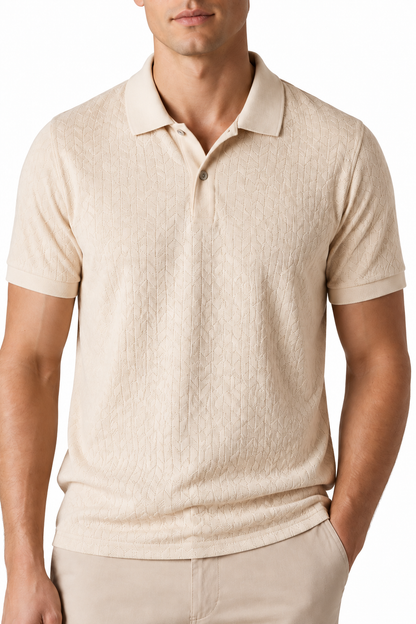 Ventorino Men's Polo Shirt Textured Fabric Button Collar | Ventorino in Khaki — garment and fabric detail