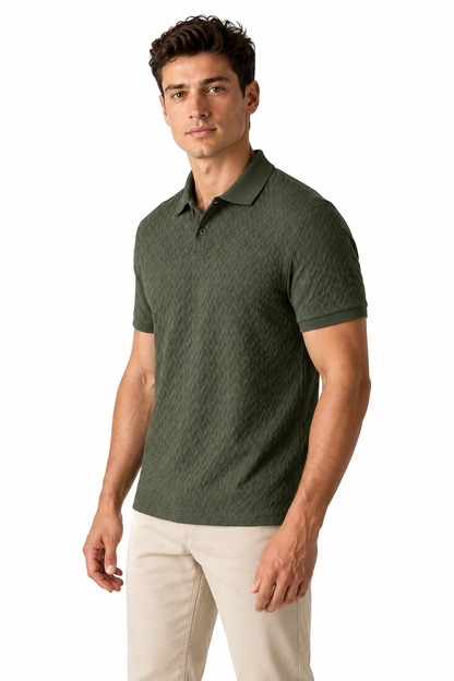 Ventorino Men's Polo Shirt Textured Fabric Button Collar | Ventorino in Army Green 2 — model three-quarter view