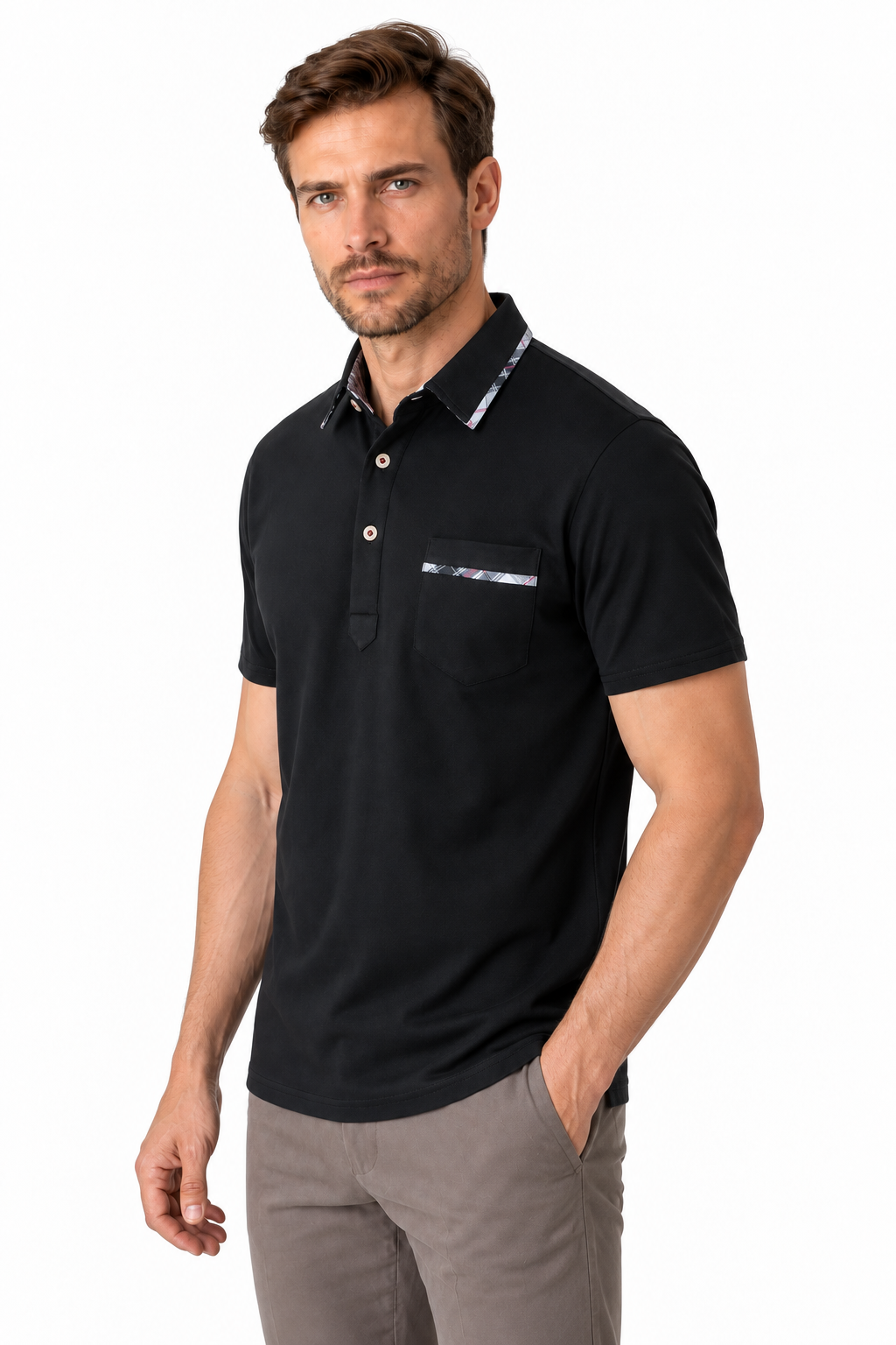 Ventorino Men's Polo Shirt Dot Pattern Refined Fit | Ventorino in Black — model three-quarter view