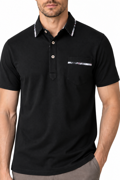 Ventorino Men's Polo Shirt Dot Pattern Refined Fit | Ventorino in Black — garment and fabric detail