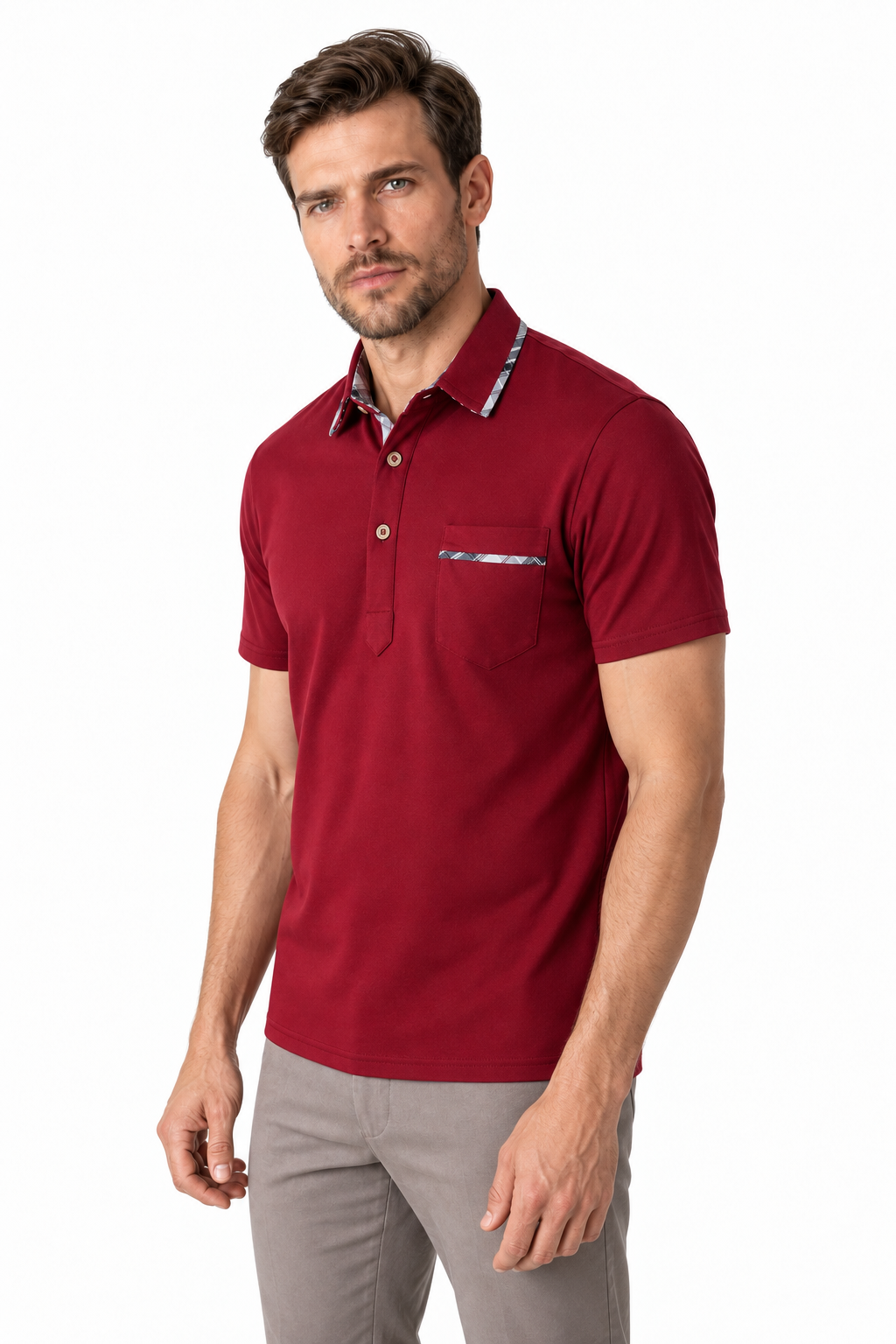 Ventorino Men's Polo Shirt Dot Pattern Refined Fit | Ventorino in Wine Red — model three-quarter view