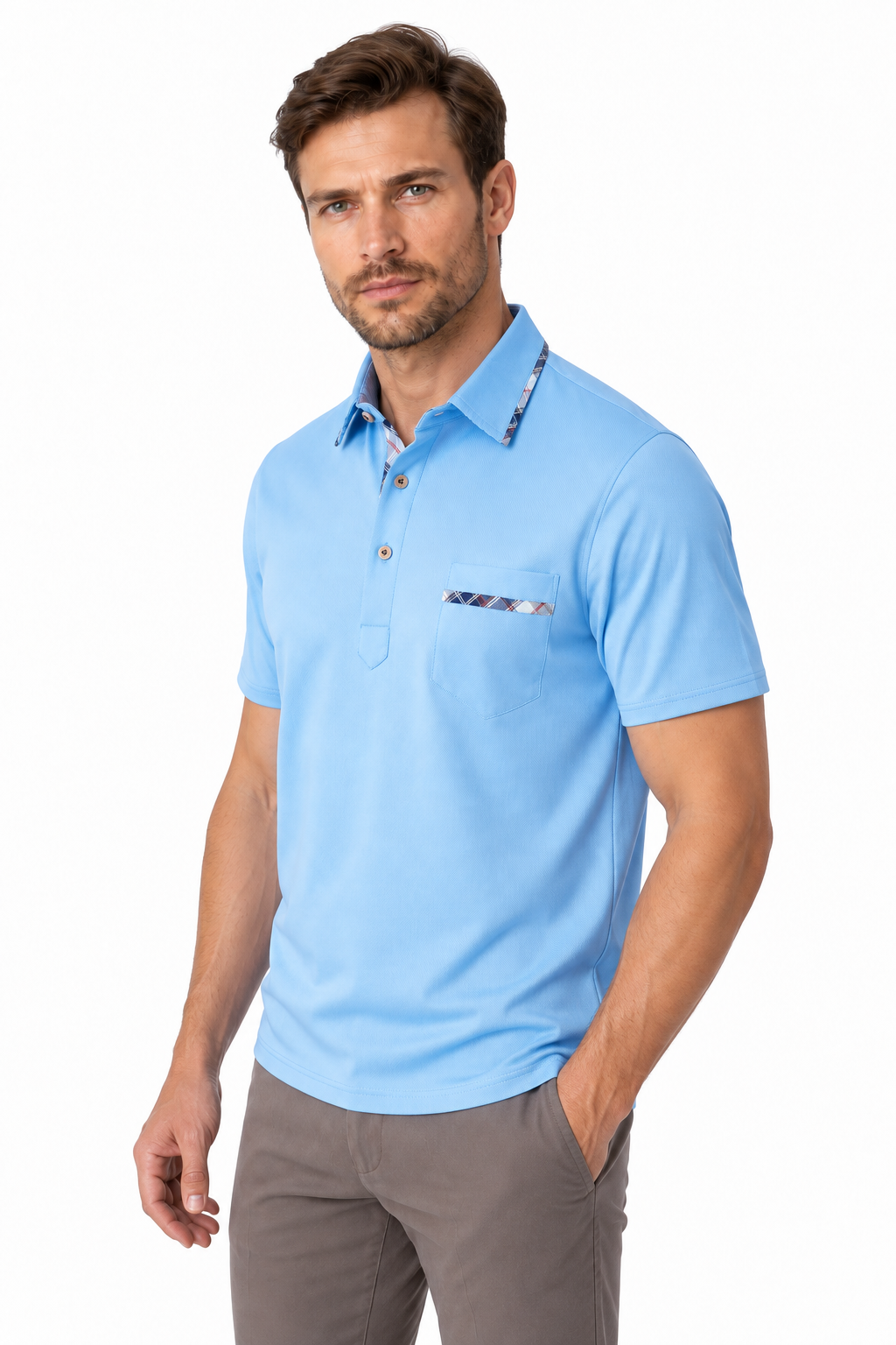 Ventorino Men's Polo Shirt Dot Pattern Refined Fit | Ventorino in Sky Blue — model three-quarter view