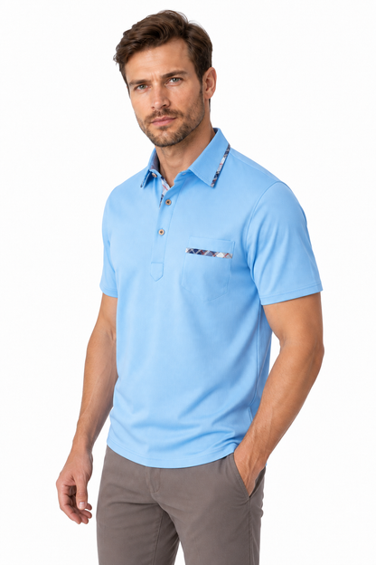 Ventorino Men's Polo Shirt Dot Pattern Refined Fit | Ventorino in Sky Blue — model three-quarter view