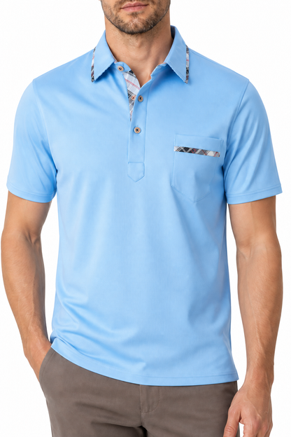 Ventorino Men's Polo Shirt Dot Pattern Refined Fit | Ventorino in Sky Blue — garment and fabric detail