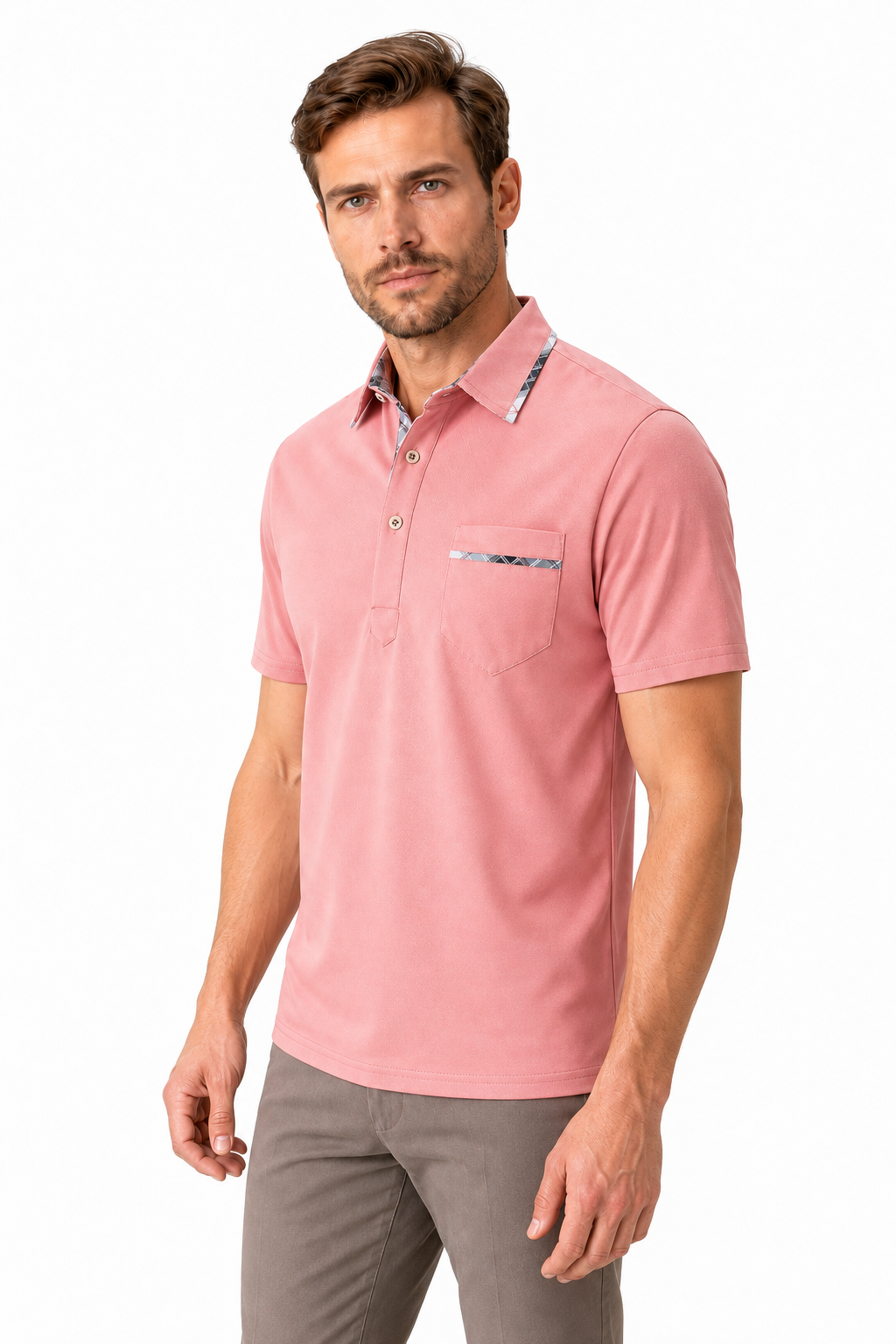 Ventorino Men's Polo Shirt Dot Pattern Refined Fit | Ventorino in Pink — model three-quarter view