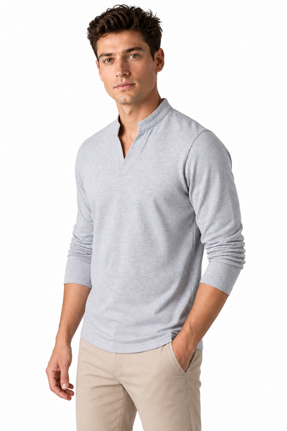 Ventorino Men's Henley Shirt Stand Collar Casual Fit | Ventorino in Grey — model three-quarter view