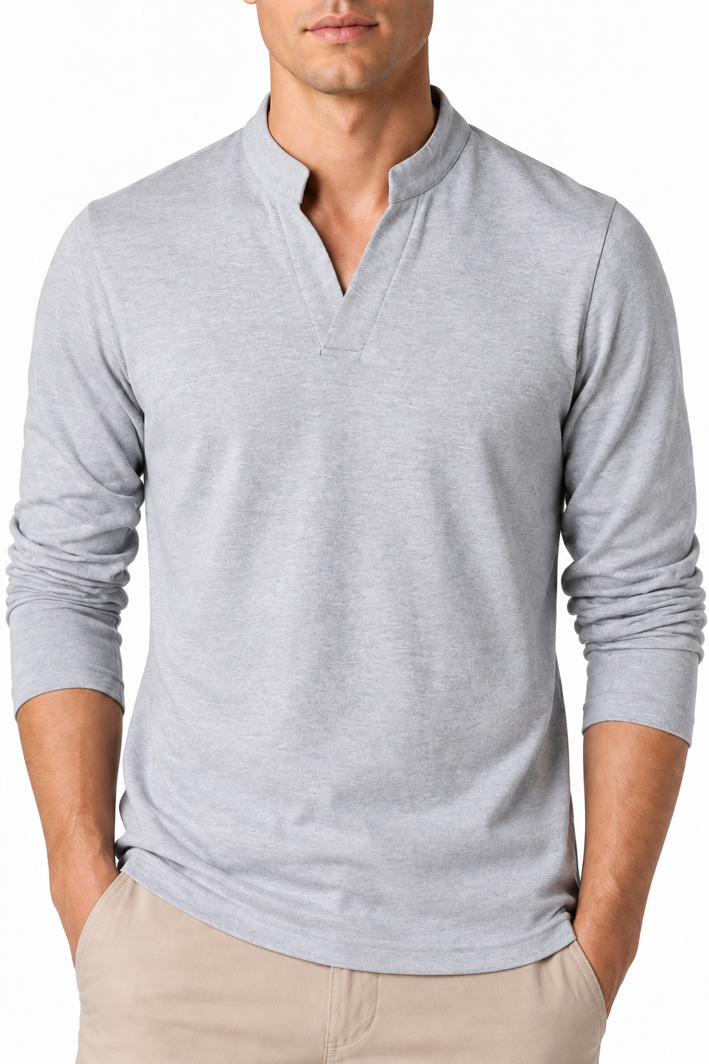 Ventorino Men's Henley Shirt Stand Collar Casual Fit | Ventorino in Grey — garment and fabric detail