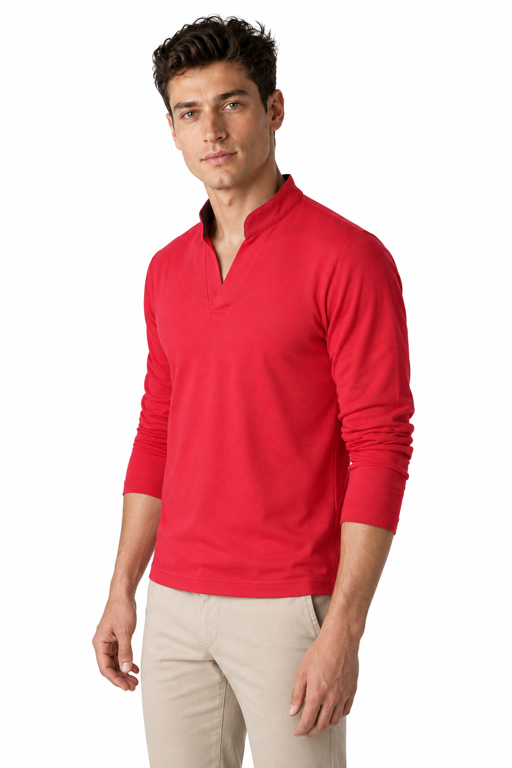 Ventorino Men's Henley Shirt Stand Collar Casual Fit | Ventorino in Red — model three-quarter view