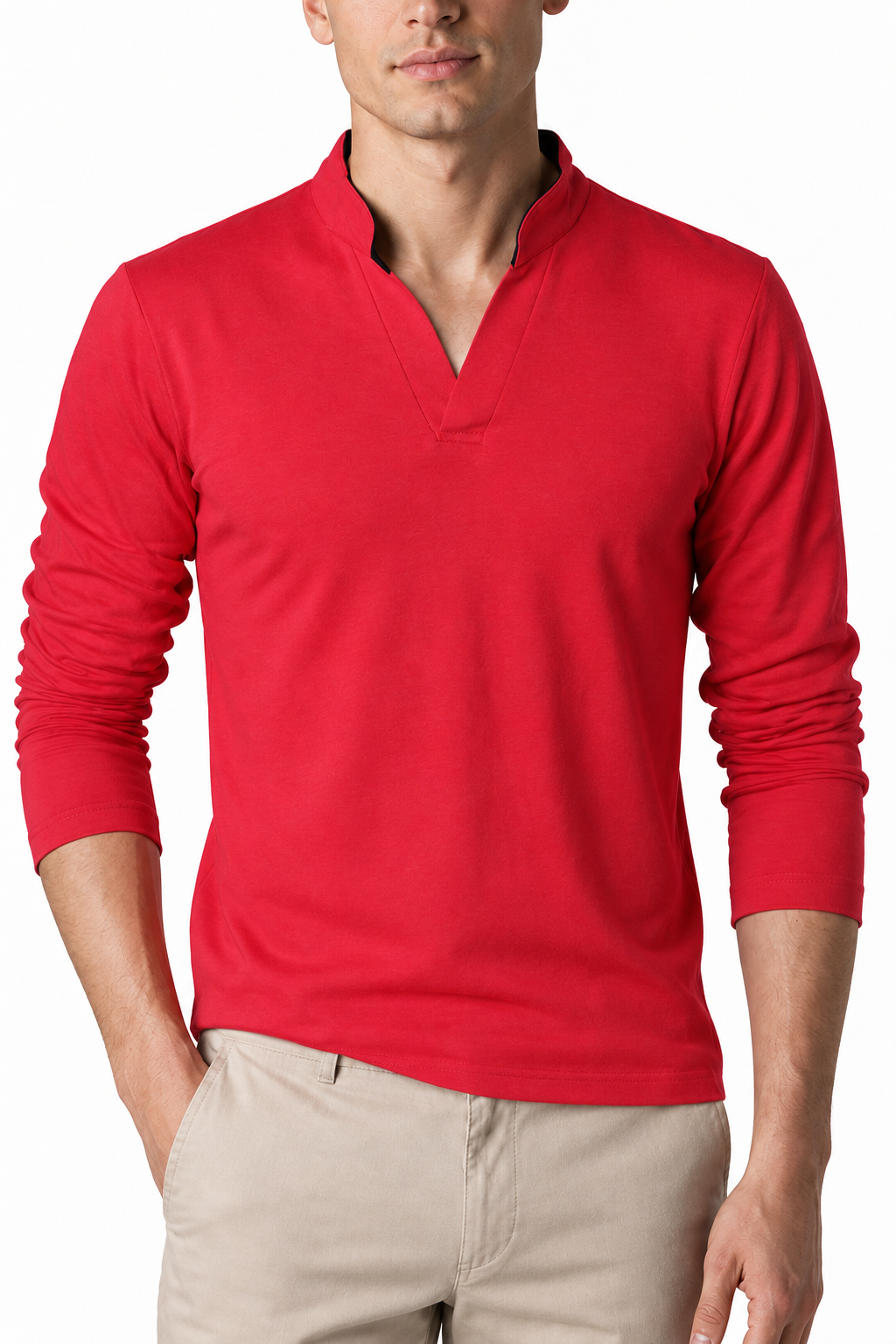 Ventorino Men's Henley Shirt Stand Collar Casual Fit | Ventorino in Red — garment and fabric detail