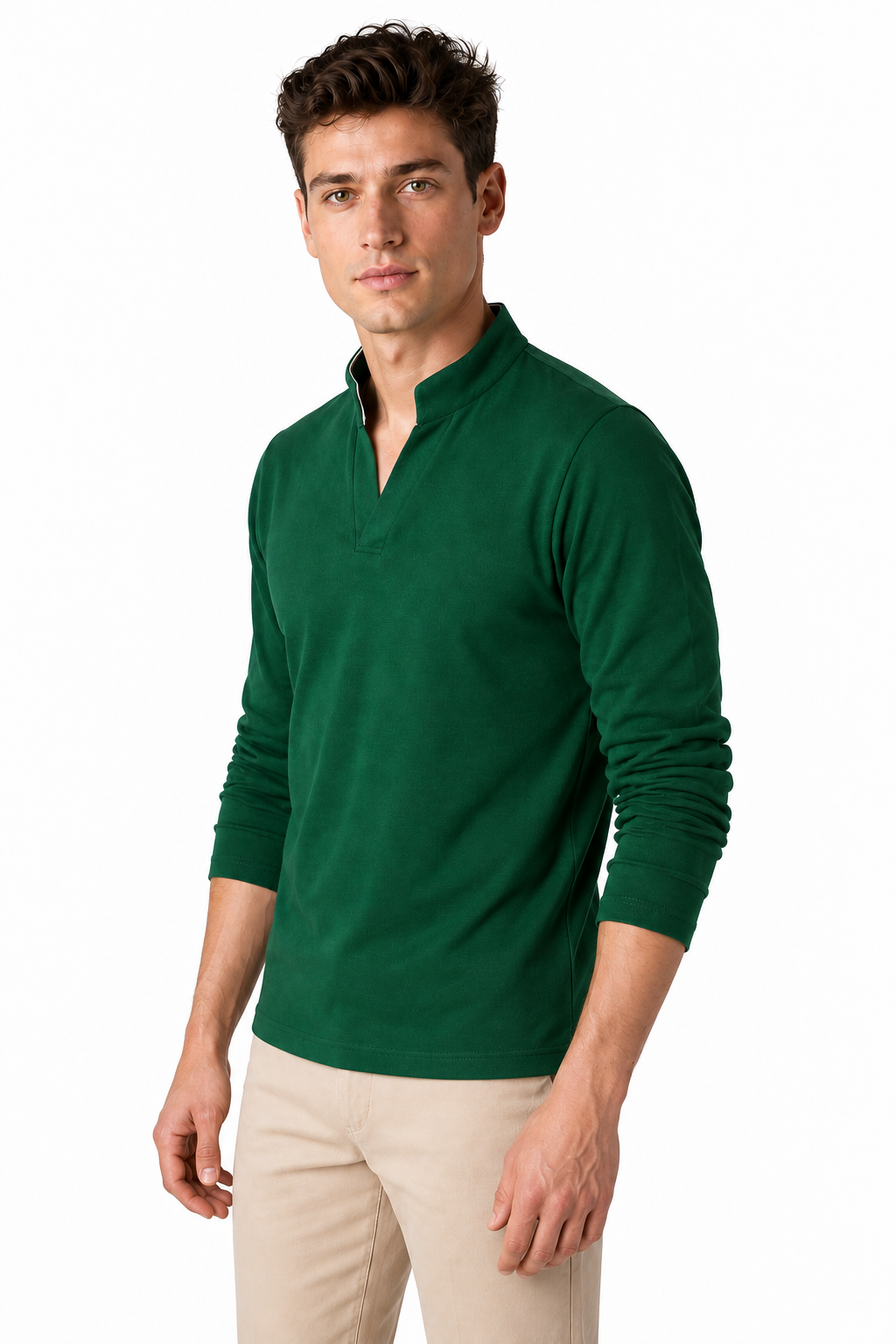Ventorino Men's Henley Shirt Stand Collar Casual Fit | Ventorino in Green — model three-quarter view