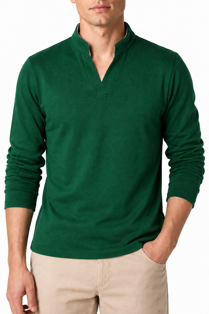 Ventorino Men's Henley Shirt Stand Collar Casual Fit | Ventorino in Green — garment and fabric detail