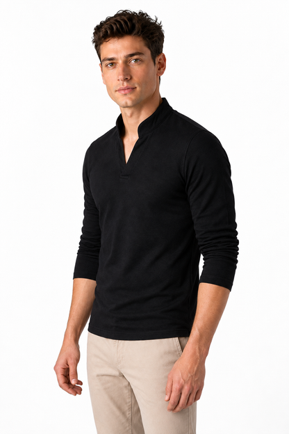 Ventorino Men's Henley Shirt Stand Collar Casual Fit | Ventorino in Black — model three-quarter view