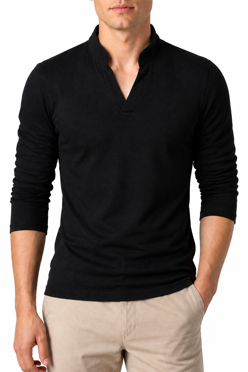 Ventorino Men's Henley Shirt Stand Collar Casual Fit | Ventorino in Black — garment and fabric detail