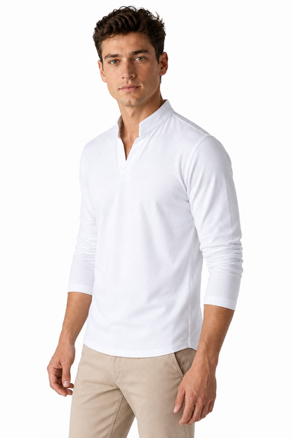 Ventorino Men's Henley Shirt Stand Collar Casual Fit | Ventorino in White — model three-quarter view