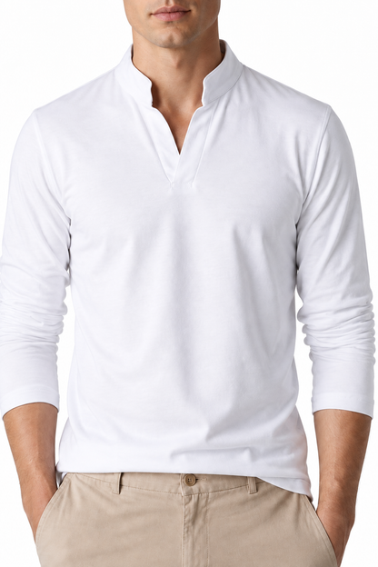 Ventorino Men's Henley Shirt Stand Collar Casual Fit | Ventorino in White — garment and fabric detail