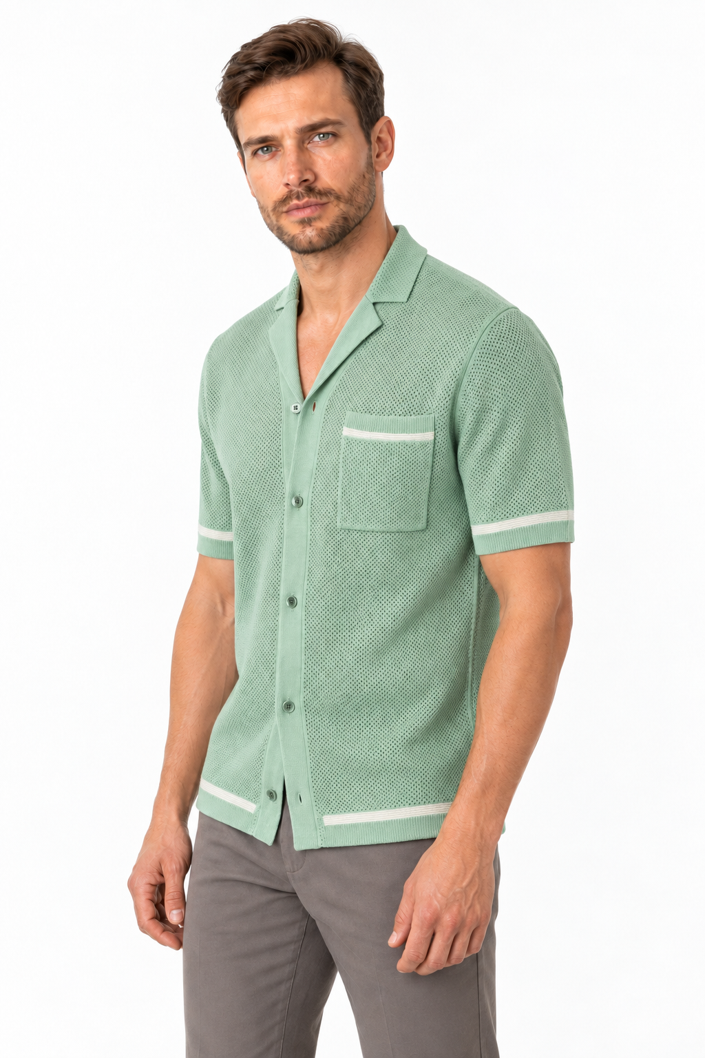 Ventorino Men's Knit Shirt Cuban Collar Textured Finish | Ventorino in Green — model three-quarter view