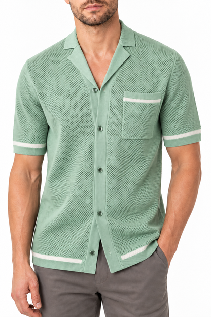 Ventorino Men's Knit Shirt Cuban Collar Textured Finish | Ventorino in Green — garment and fabric detail