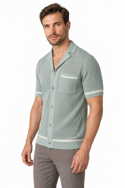 Ventorino Men's Knit Shirt Cuban Collar Textured Finish | Ventorino in Gray — model three-quarter view