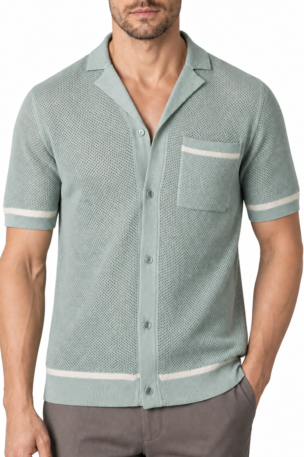 Ventorino Men's Knit Shirt Cuban Collar Textured Finish | Ventorino in Gray — garment and fabric detail