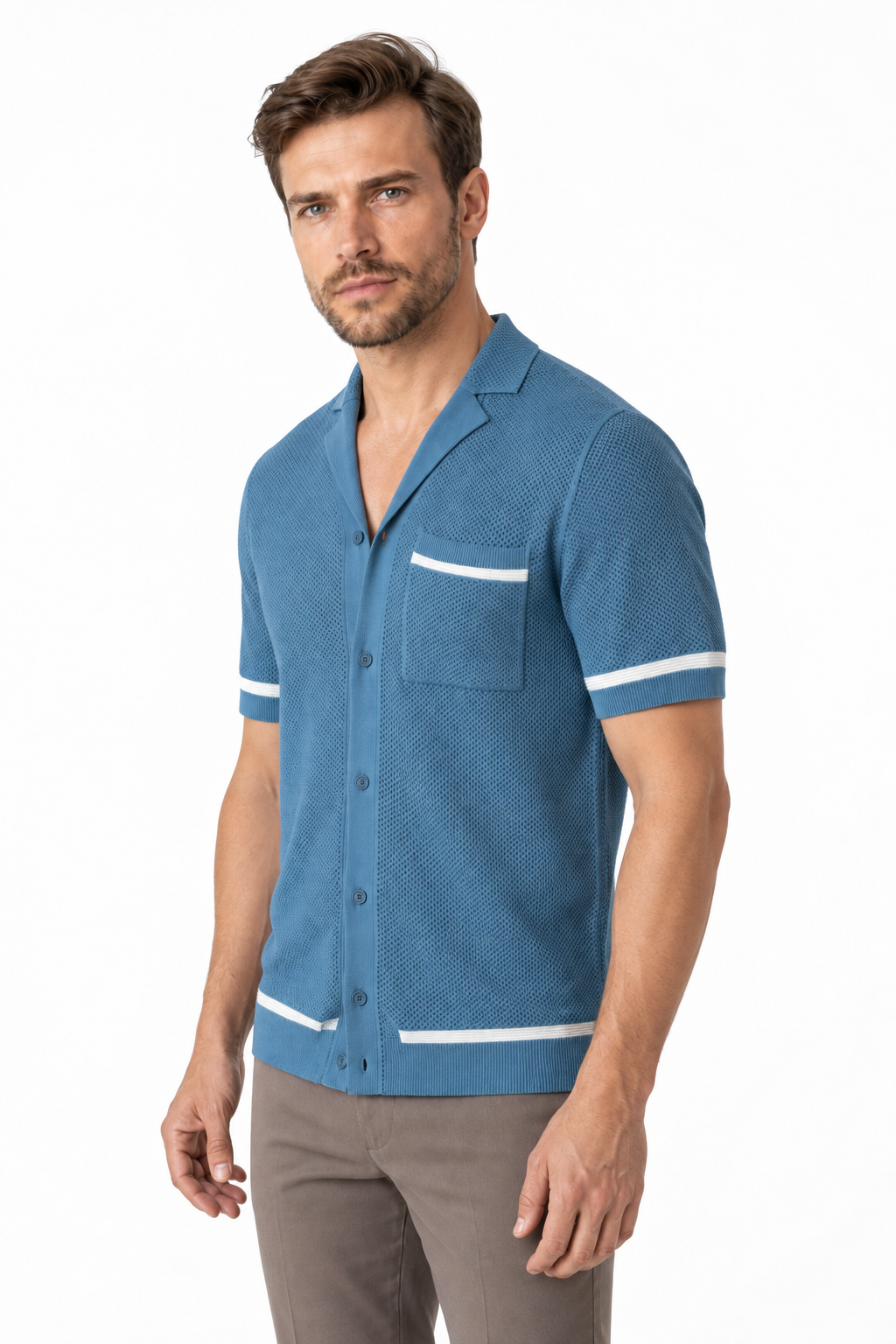 Ventorino Men's Knit Shirt Cuban Collar Textured Finish | Ventorino in Blue — model three-quarter view