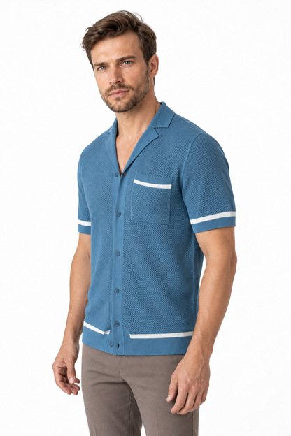 Ventorino Men's Knit Shirt Cuban Collar Textured Finish | Ventorino in Blue — model three-quarter view