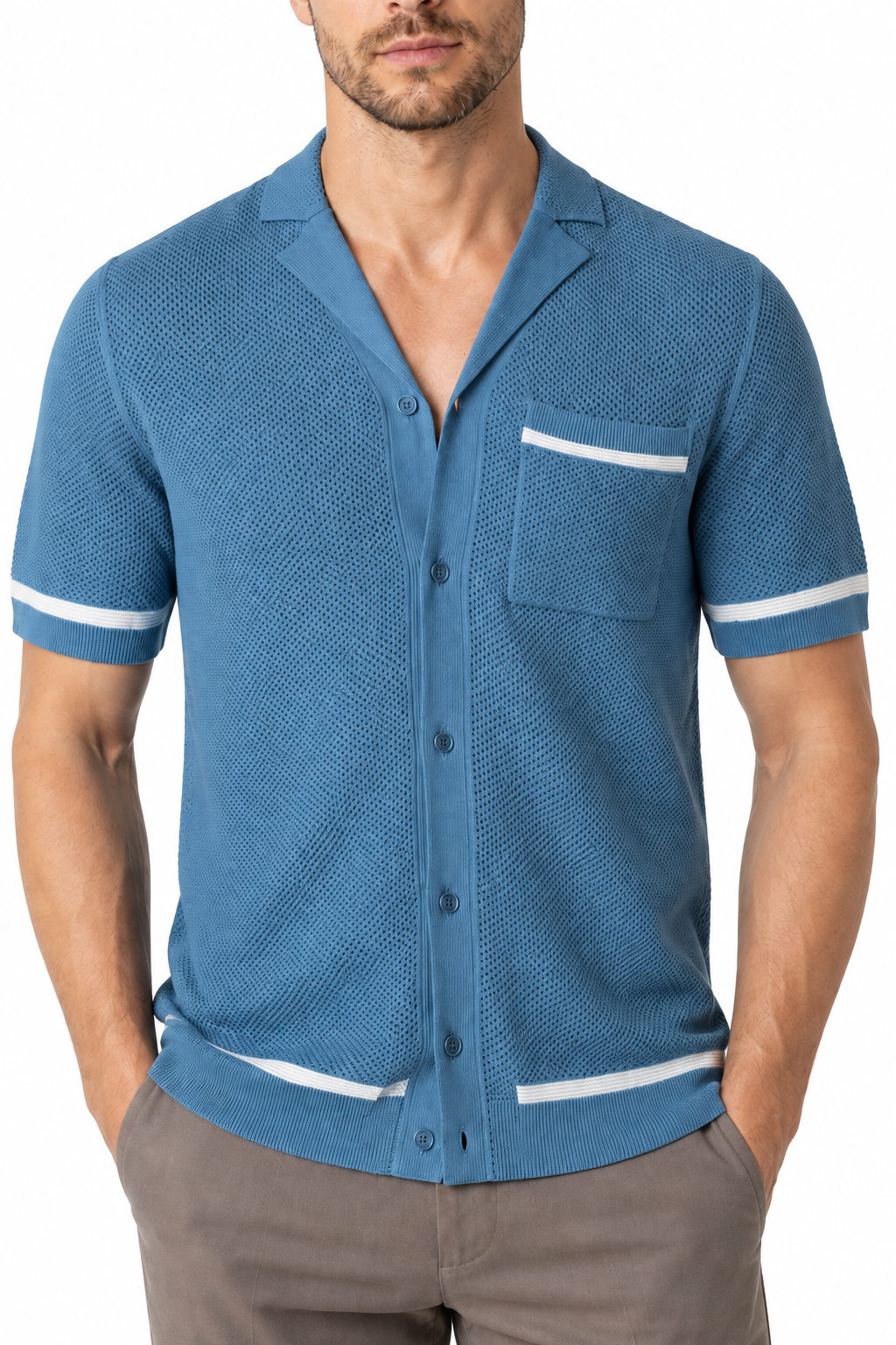 Ventorino Men's Knit Shirt Cuban Collar Textured Finish | Ventorino in Blue — garment and fabric detail