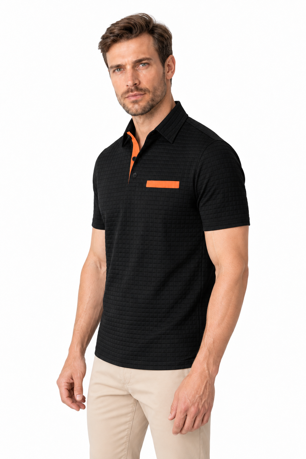 Ventorino Men's Polo Shirt Jacquard Check Chest Pocket | Ventorino in Black — model three-quarter view