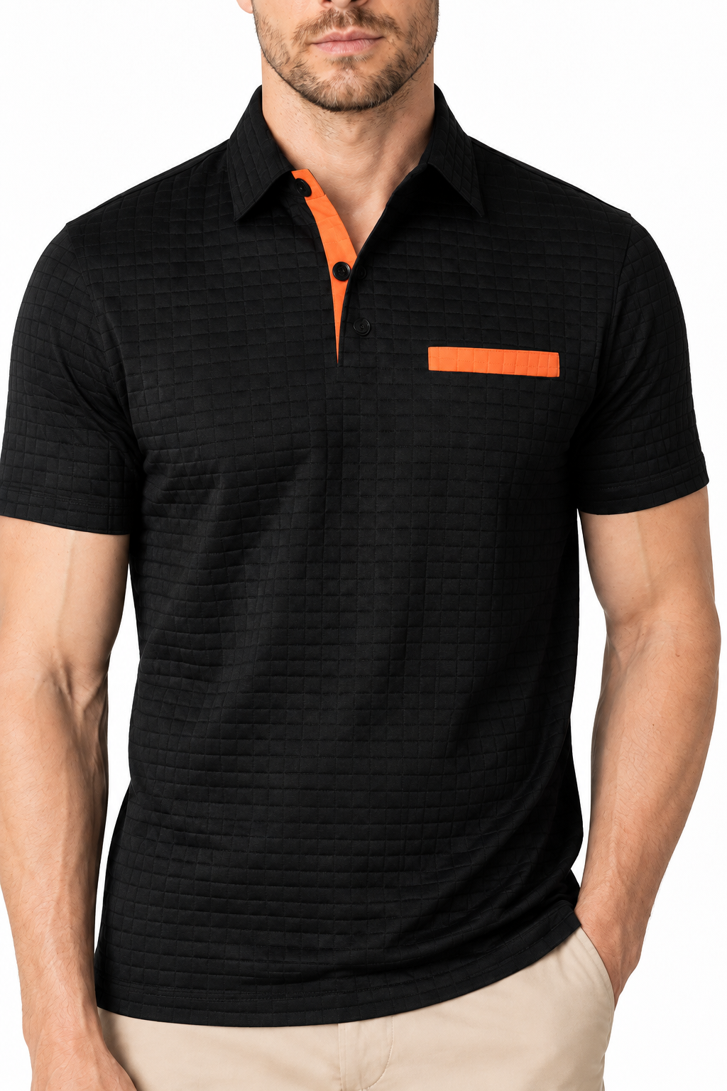 Ventorino Men's Polo Shirt Jacquard Check Chest Pocket | Ventorino in Black — garment and fabric detail
