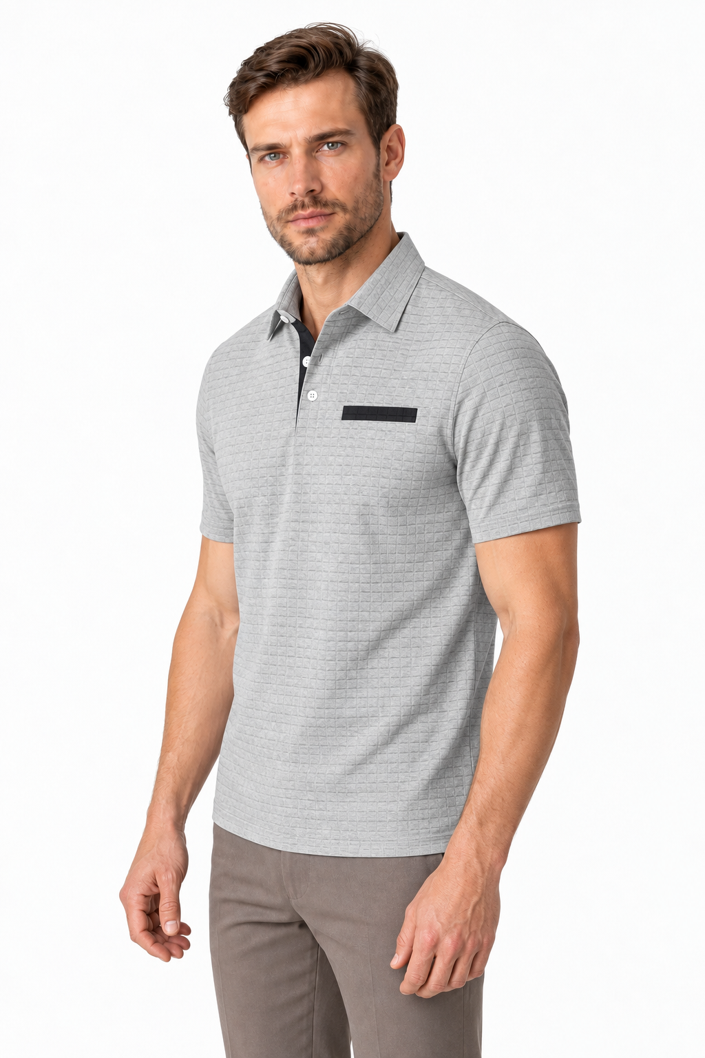 Ventorino Men's Polo Shirt Jacquard Check Chest Pocket | Ventorino in Light Gray — model three-quarter view