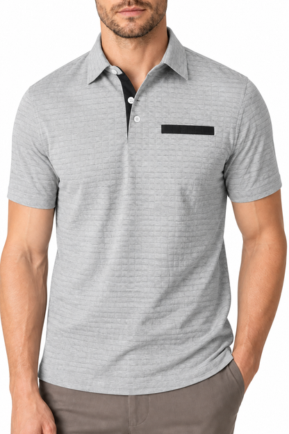 Ventorino Men's Polo Shirt Jacquard Check Chest Pocket | Ventorino in Light Gray — garment and fabric detail