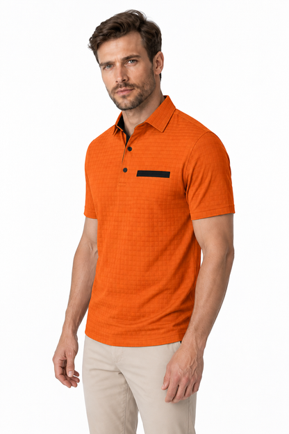 Ventorino Men's Polo Shirt Jacquard Check Chest Pocket | Ventorino in Orange — model three-quarter view