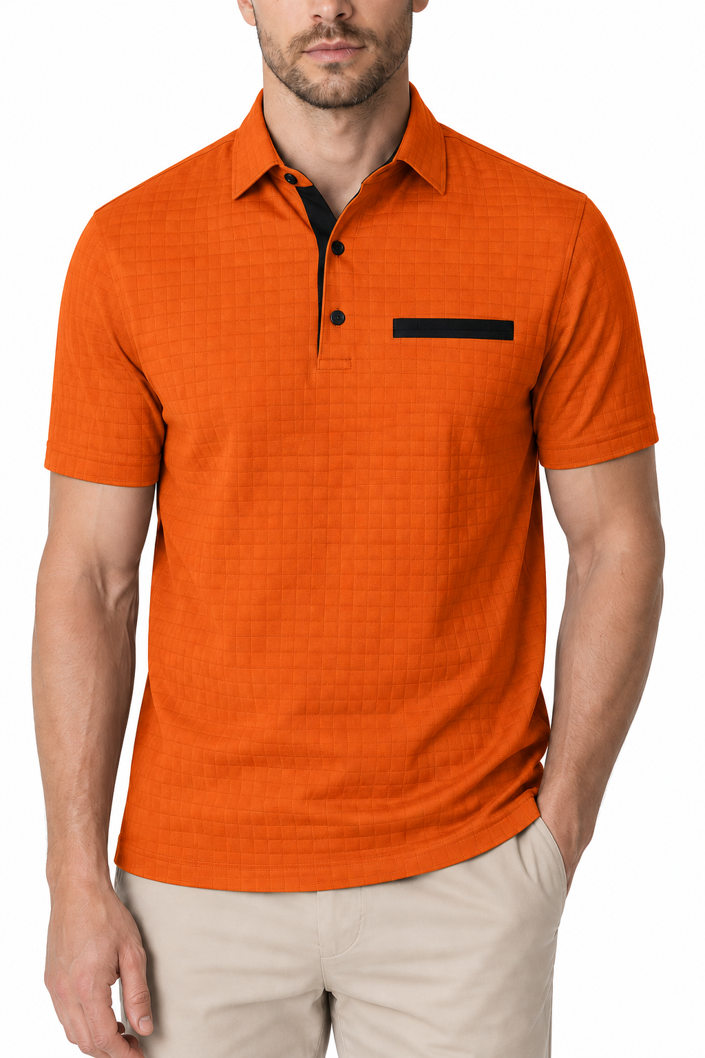 Ventorino Men's Polo Shirt Jacquard Check Chest Pocket | Ventorino in Orange — garment and fabric detail