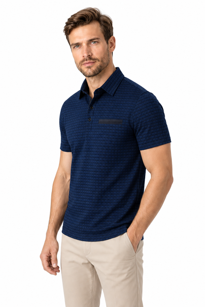 Ventorino Men's Polo Shirt Jacquard Check Chest Pocket | Ventorino in Navy Blue — model three-quarter view