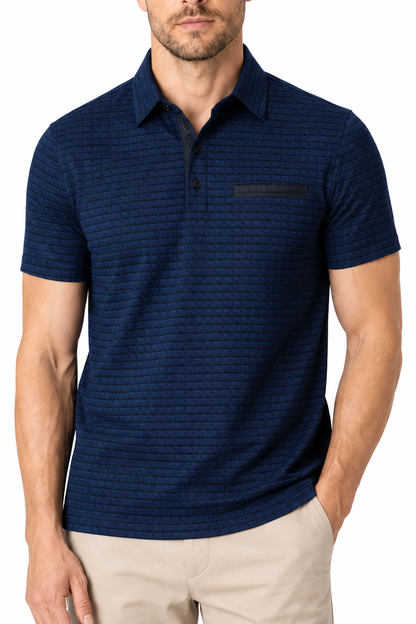 Ventorino Men's Polo Shirt Jacquard Check Chest Pocket | Ventorino in Navy Blue — garment and fabric detail