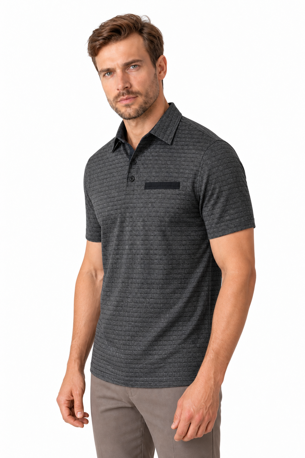 Ventorino Men's Polo Shirt Jacquard Check Chest Pocket | Ventorino in Dark Gray — model three-quarter view