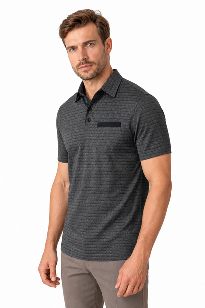 Ventorino Men's Polo Shirt Jacquard Check Chest Pocket | Ventorino in Dark Gray — model three-quarter view