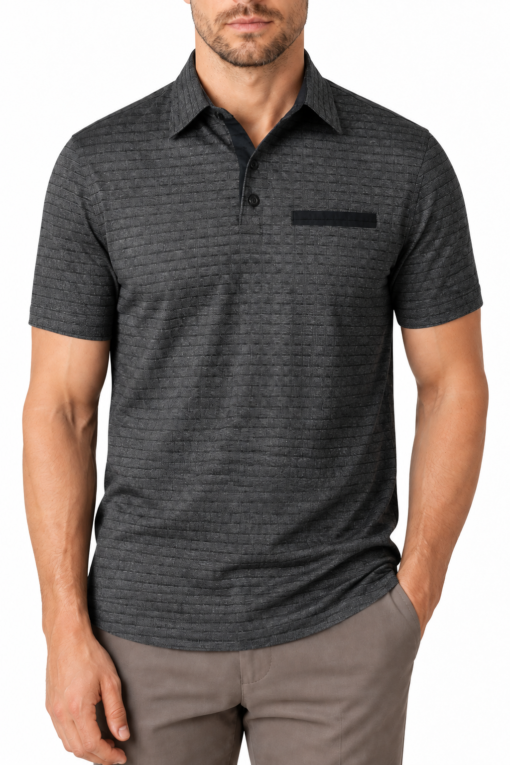 Ventorino Men's Polo Shirt Jacquard Check Chest Pocket | Ventorino in Dark Gray — garment and fabric detail