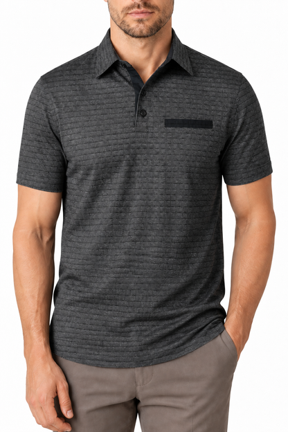 Ventorino Men's Polo Shirt Jacquard Check Chest Pocket | Ventorino in Dark Gray — garment and fabric detail