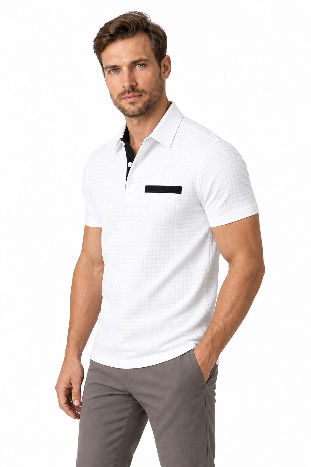 Ventorino Men's Polo Shirt Jacquard Check Chest Pocket | Ventorino in White — model three-quarter view