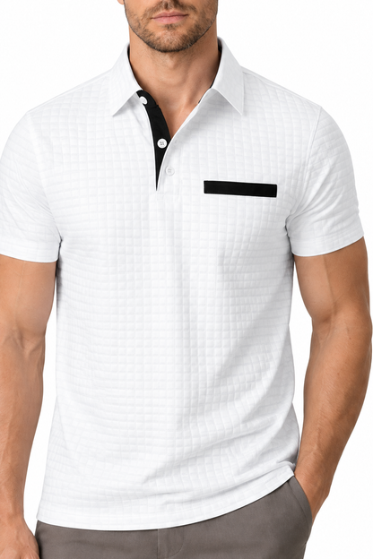 Ventorino Men's Polo Shirt Jacquard Check Chest Pocket | Ventorino in White — garment and fabric detail